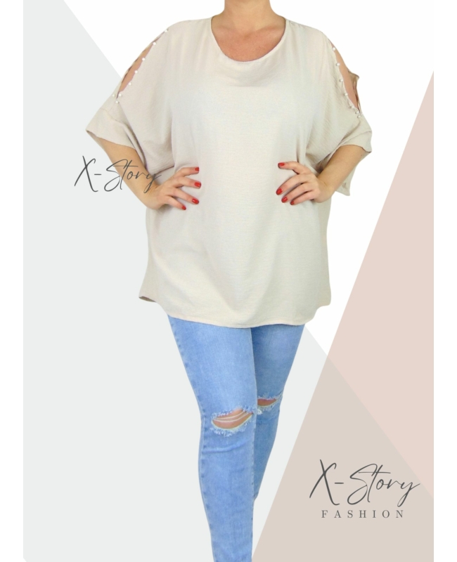 Vállán kivágott, gyöngyökkel díszített felső (világosbézs)