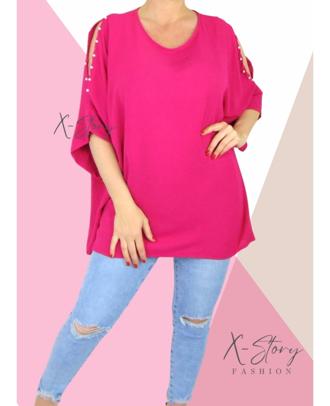 Vállán kivágott, gyöngyökkel díszített felső (pink)