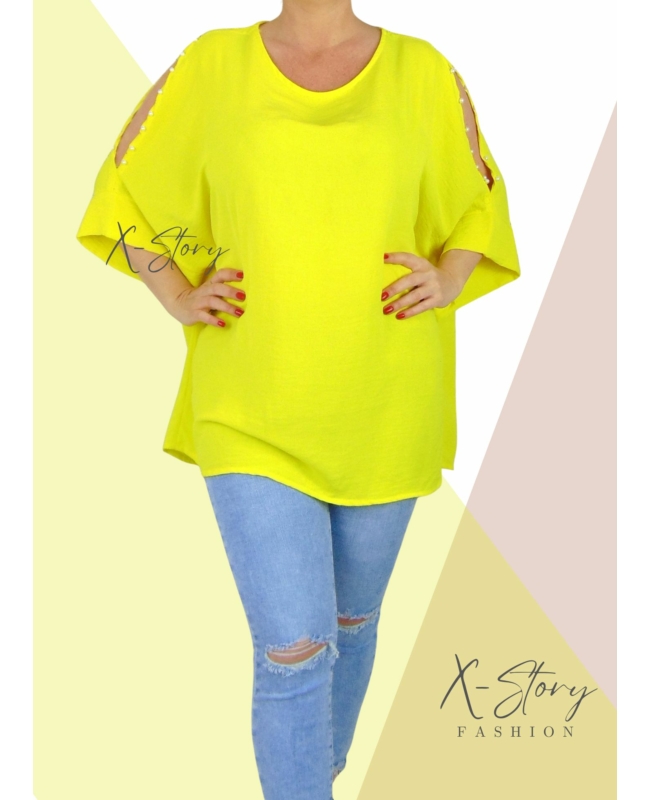 Vállán kivágott, gyöngyökkel díszített felső (sárga)