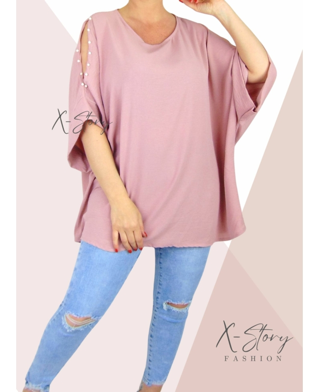 Vállán kivágott, gyöngyökkel díszített felső (púder)