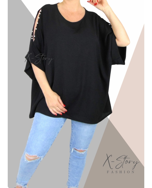 Vállán kivágott, gyöngyökkel díszített felső (fekete)