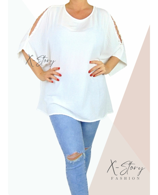 Vállán kivágott, gyöngyökkel díszített felső (fehér)