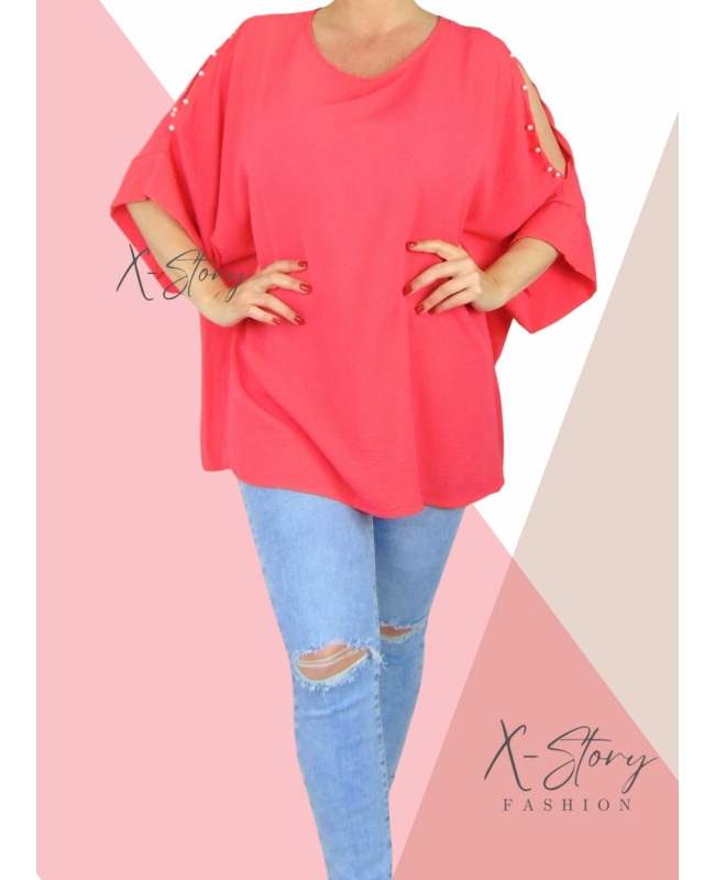 Vállán kivágott, gyöngyökkel díszített felső (korall)