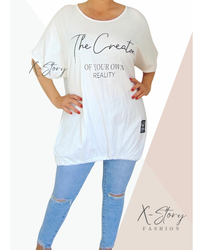 Extra bő fazonú, alul összehúzható pamut tunika (fehér)