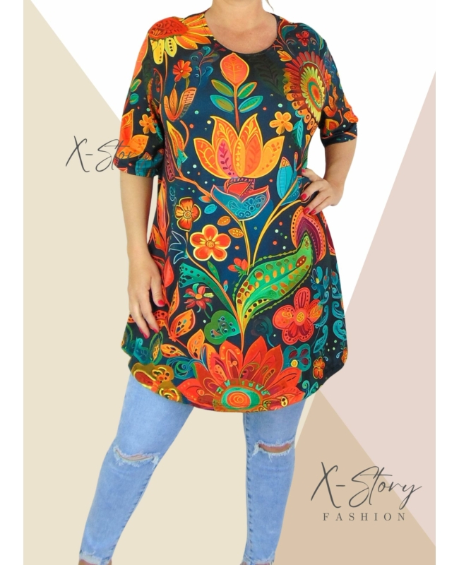 Kereknyakú , laza fazonú mintás tunika