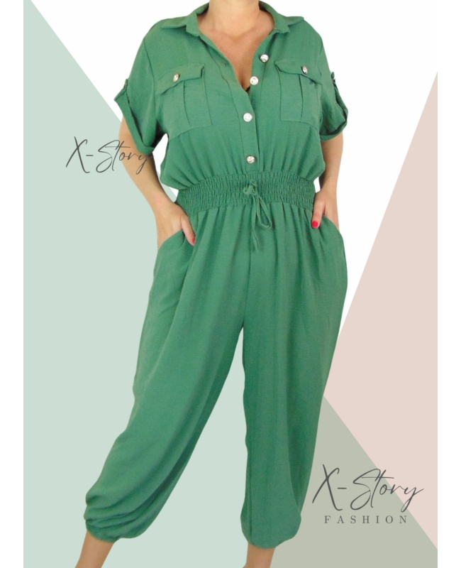 Nagyméretű, gumisderekú  overál  (khaki)