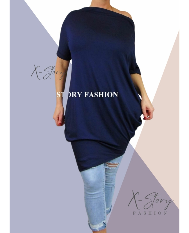 Ejtett vállú rövidujjas zsákruha (sötétkék)