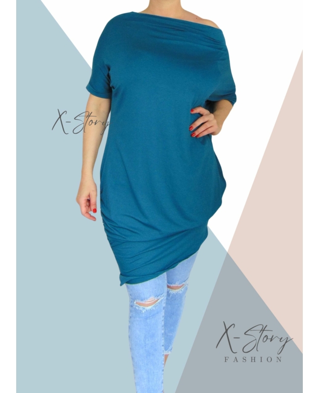 Ejtett vállú rövidujjas zsákruha (petrol)