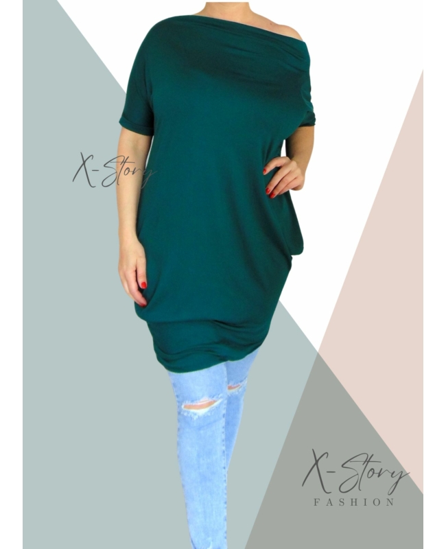 Ejtett vállú rövidujjas zsákruha (méregzöld)