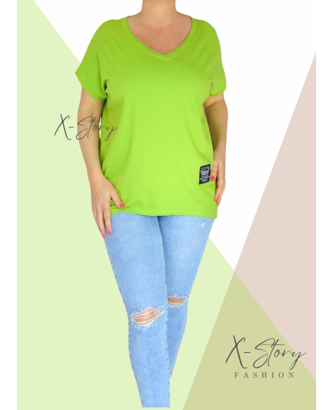 Hátul hosszított, "V" dekoltált pamut felső (kivizöld)