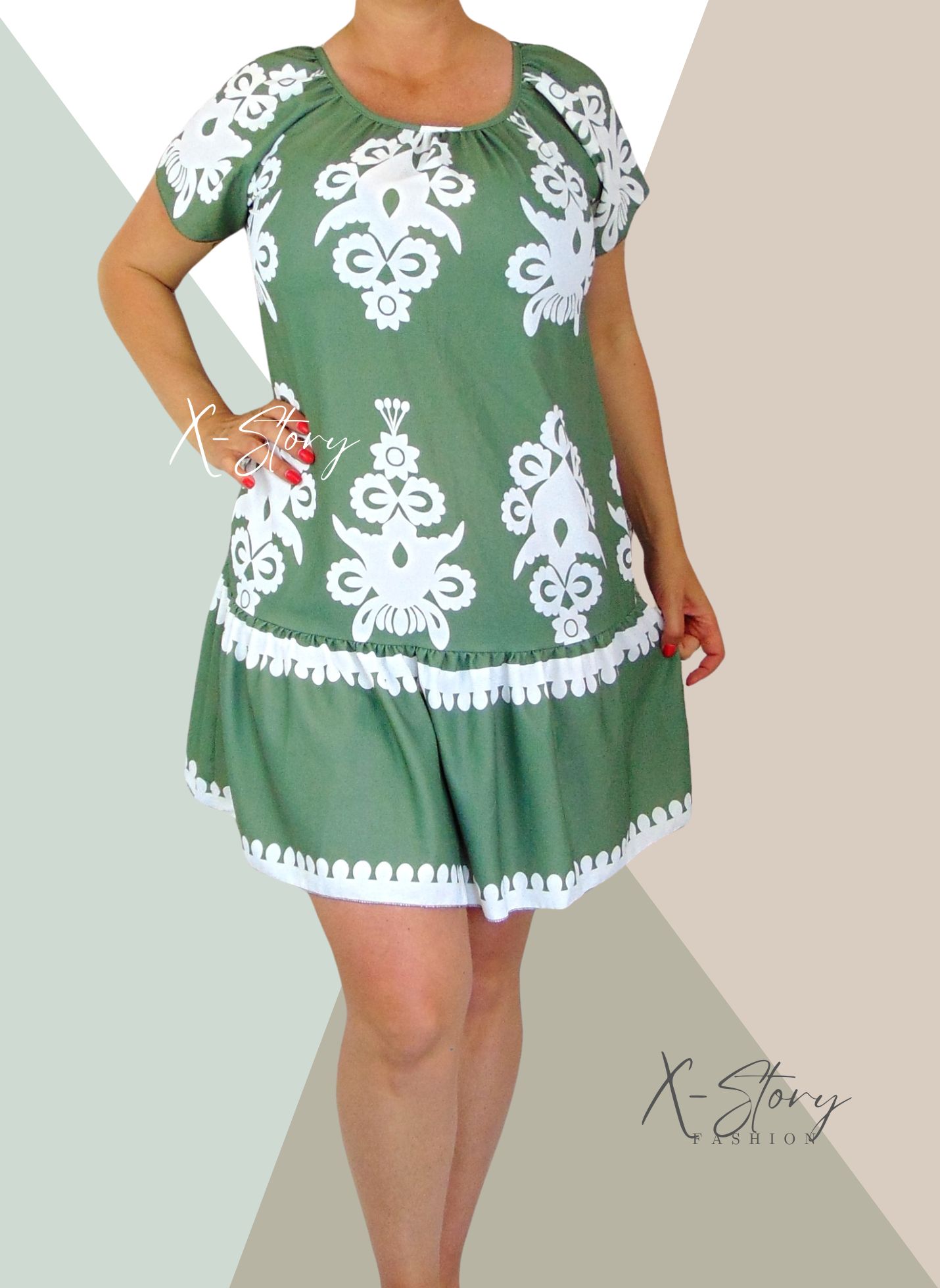 Fodros aljú mintás ruha (khaki)