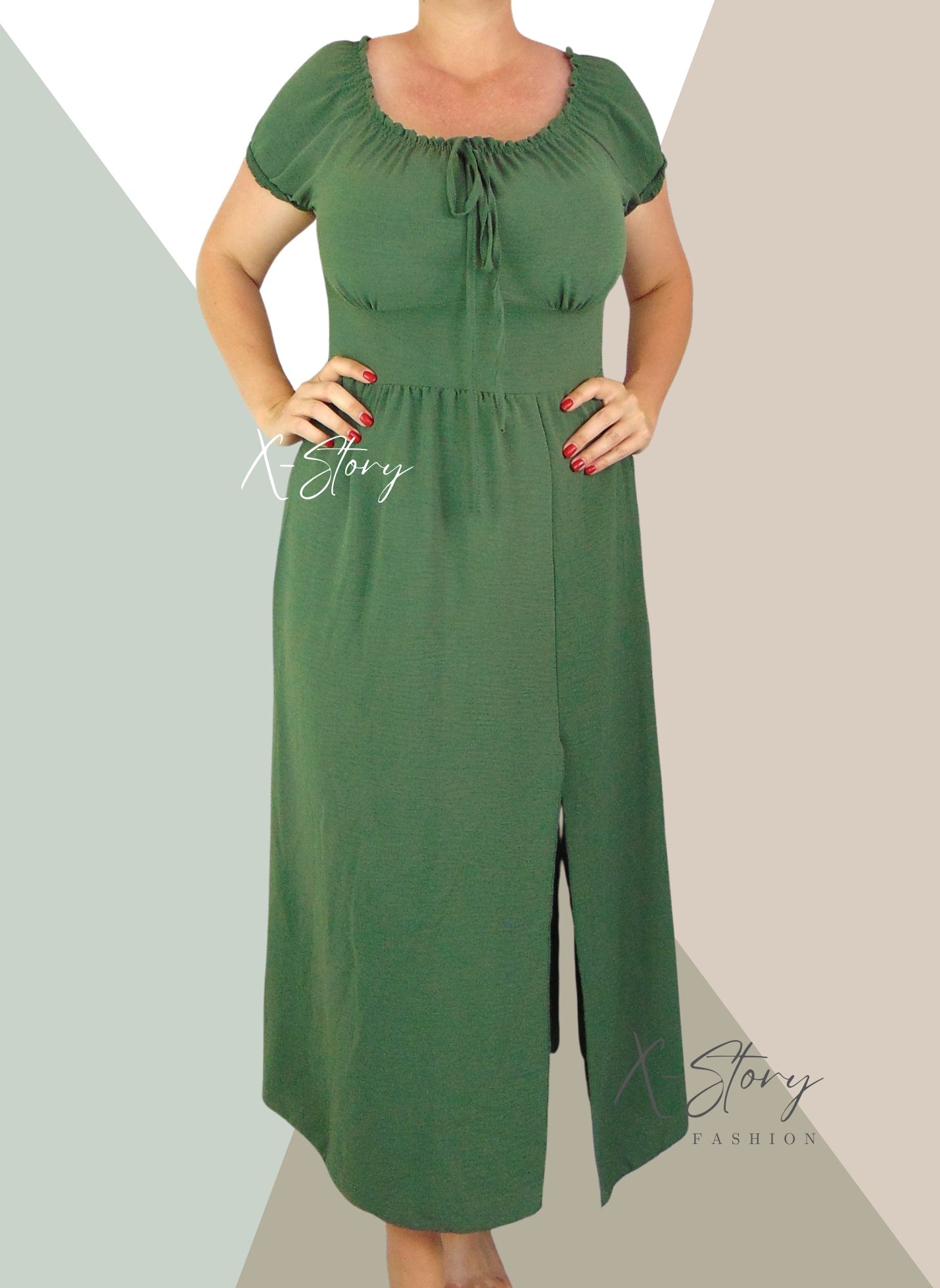 Gumis vállú, elöl felsliccelt maxi ruha (khaki)