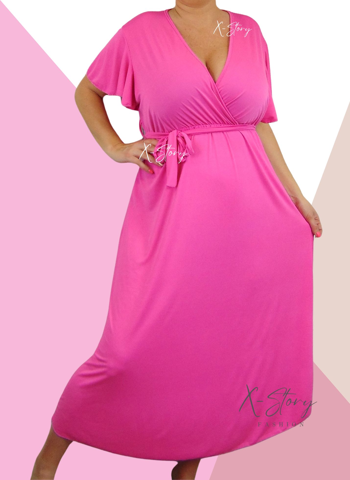 Mellnél átlapolt, derék kötős hosszú ruha (pink)