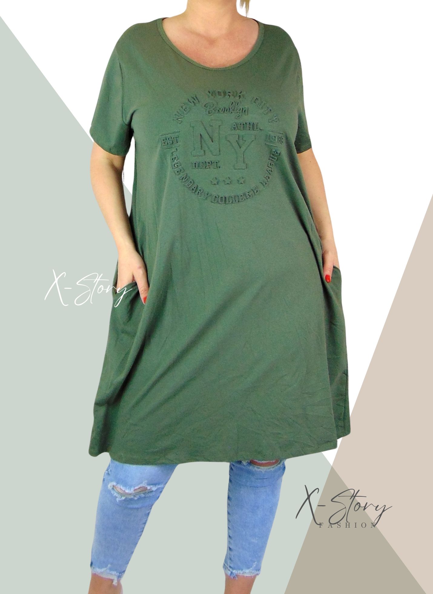 Nyomott mintás, hagymafazonú, zsebes tunika (khaki)