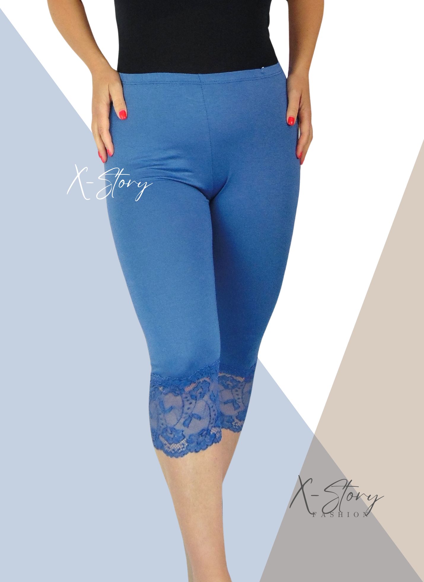 Csipkés aljú, plus size méretű  leggings (farmerkék)