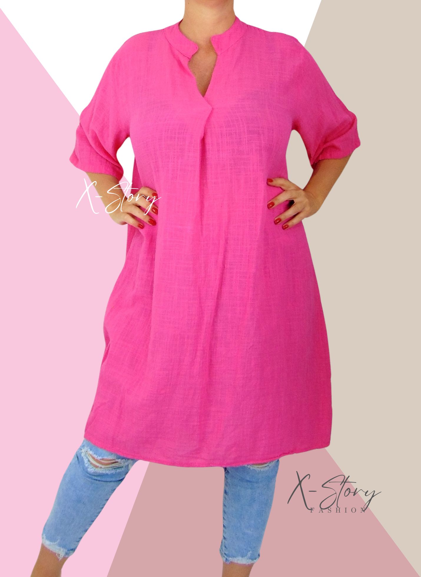 Extra bő fazonú, gézvászon tunika (pink)